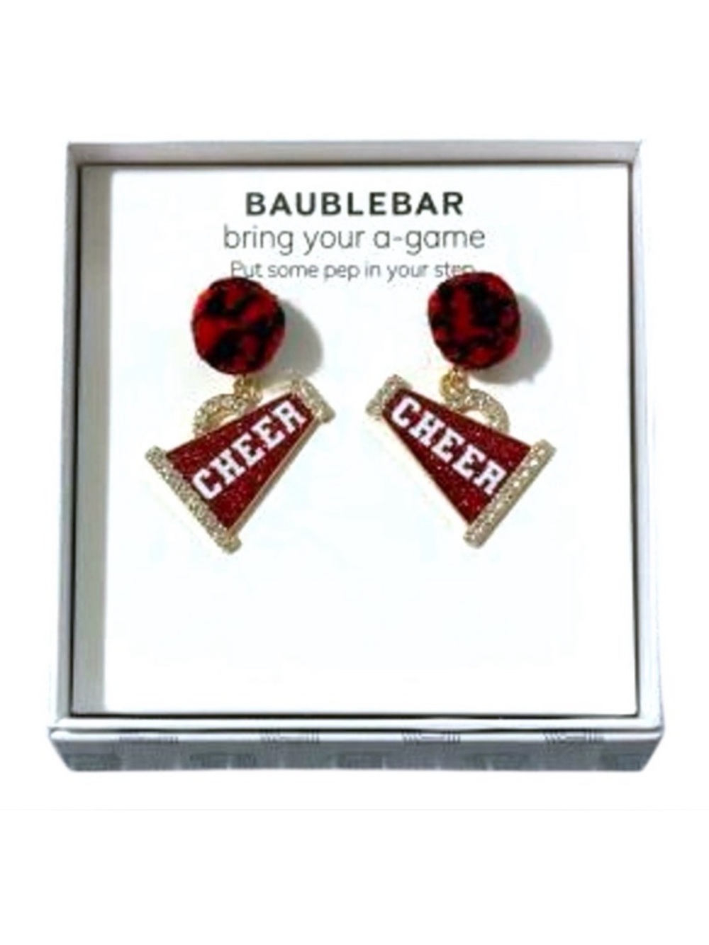 Baublebar Red Cheer Squad Megaphone Earrings Fuzzy Pom Pom Pep Rally Posts‎